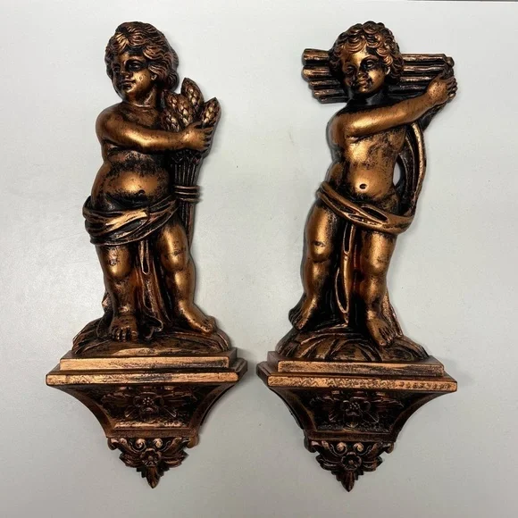 Set of 2 vintage Coppercraft Guild Syroco Cherub wall sconces - Picture 1 of 11